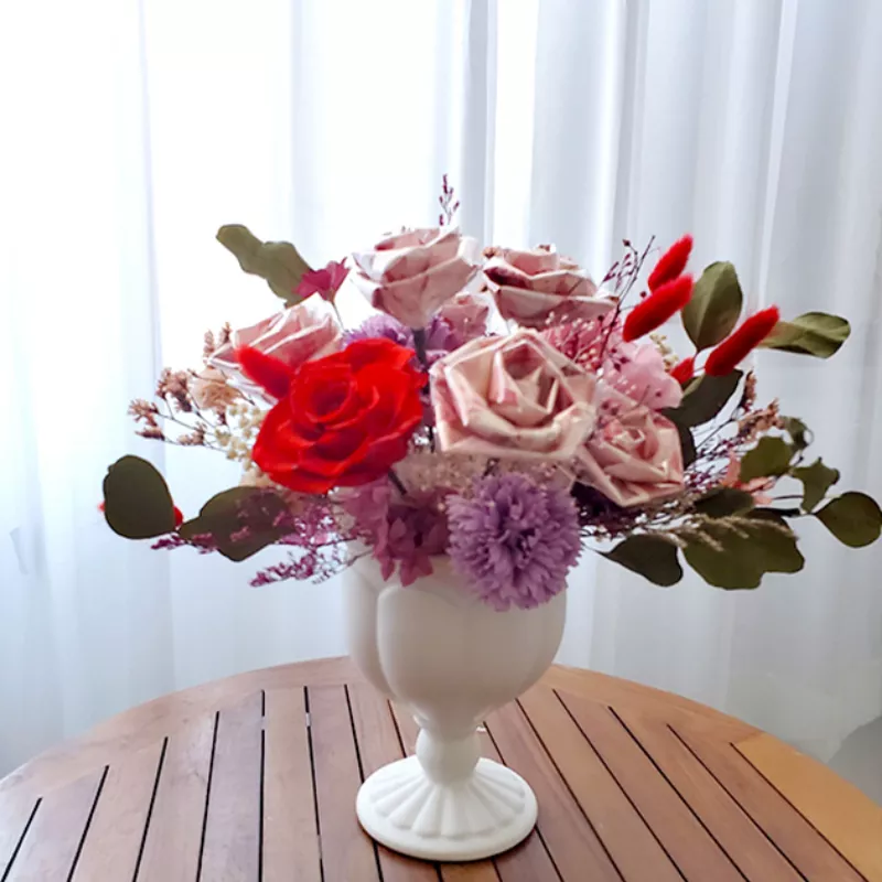 紅粉色系鈔票花桌花