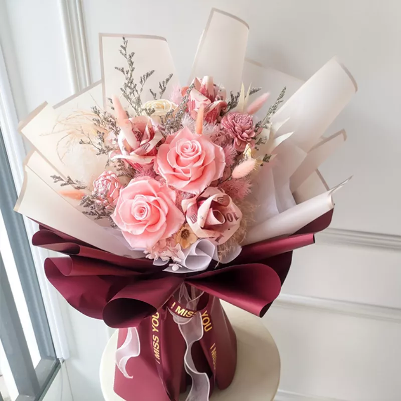 粉色系鬱金香佰元鈔票花束