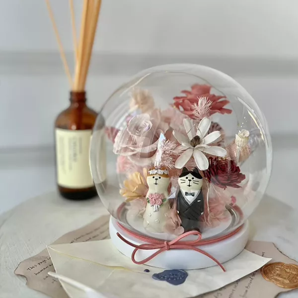 紅粉色永生花玻璃罩新婚花禮